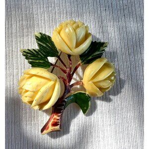 Vintage Hand-Carved Celluloid Yellow Roses Brooch Pin 1940s